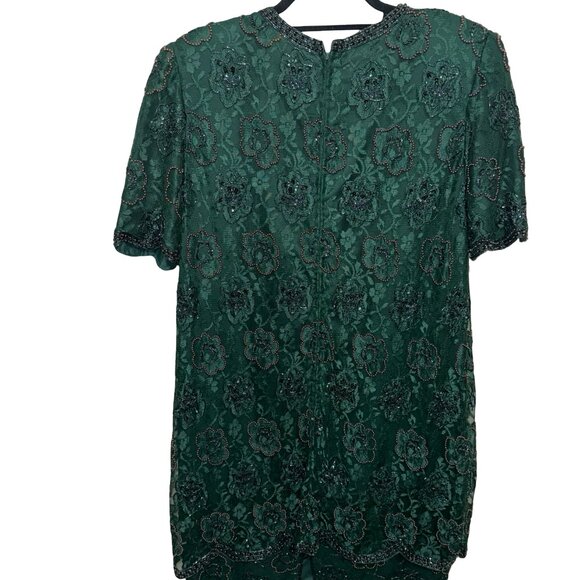 Brilliante by J.A.Vintage Beaded & Sequins Dark Green Lace MidiScallop Hem Sz M - Picture 5 of 13